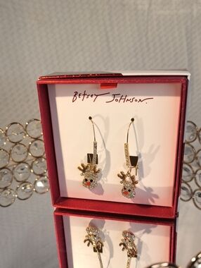 Betsey Johnson Gold Reindeer Drop Earrings with Crystal Accents